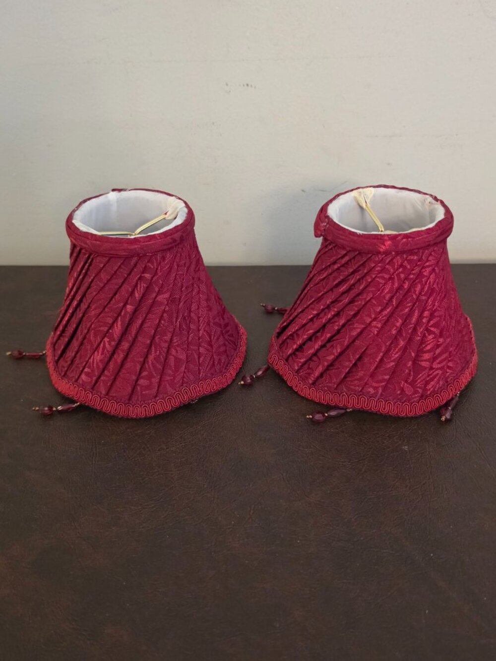 Set of 2 mini red fabric lampshades with braided trim & hanging red bead accents